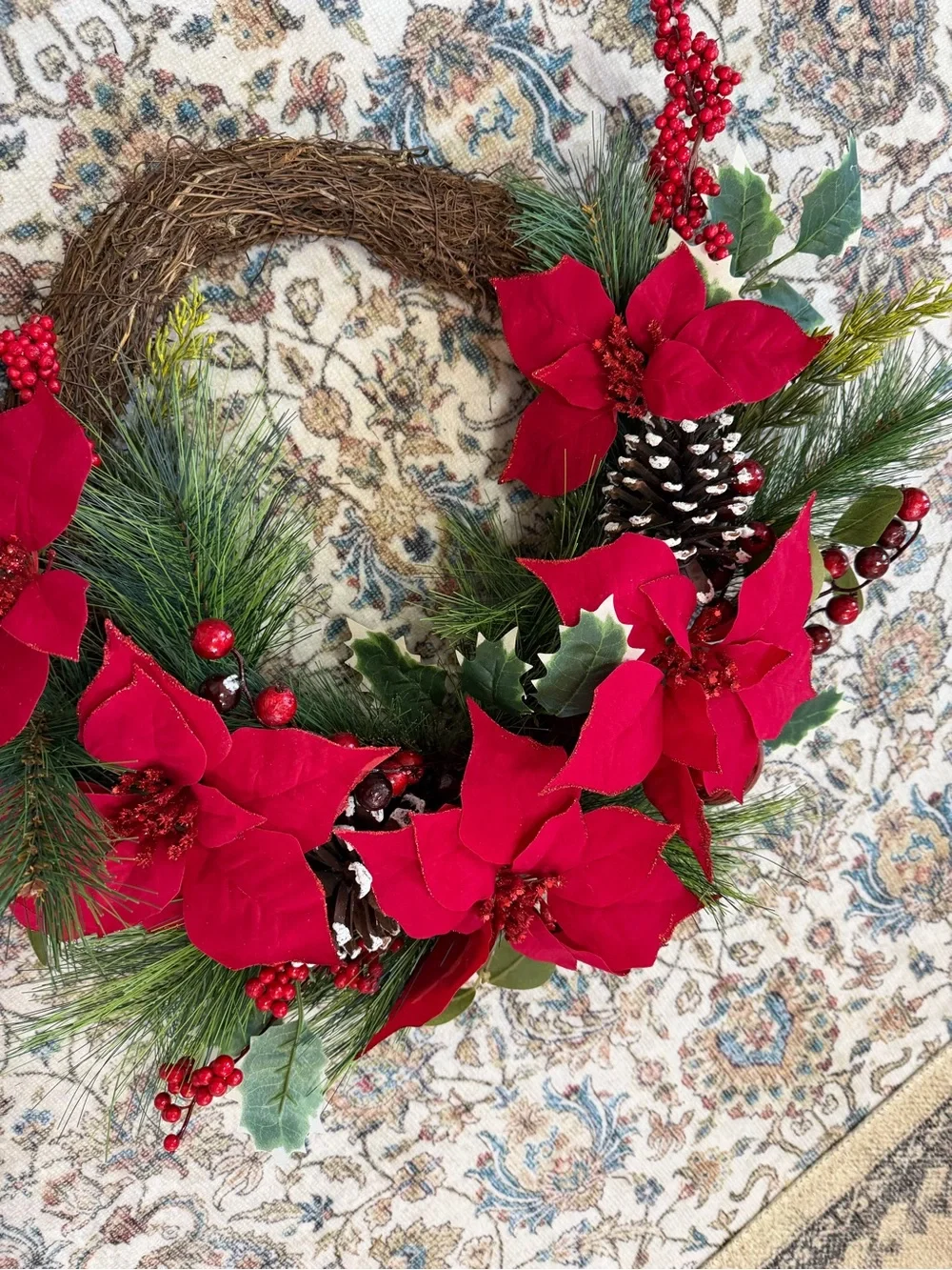 New Red Poinsettia & Pine Holiday Wreath - Classic Seasonal Door Accent